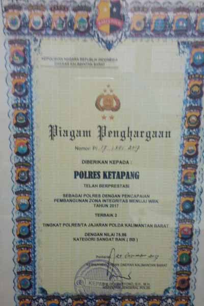 Kinerja Sangat Baik, Polres Ketapang Dapat Penghargaan