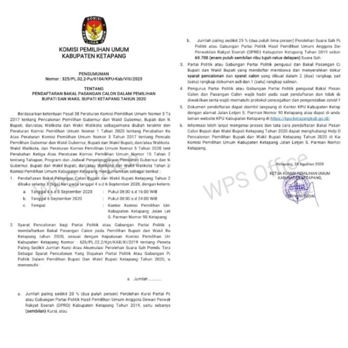 Pengumuman Pendaftaraan Bakal Pasangan Calon Dalam Pemilihan Bupati dan Wakil Bupati Ketapang  Tahun 2020